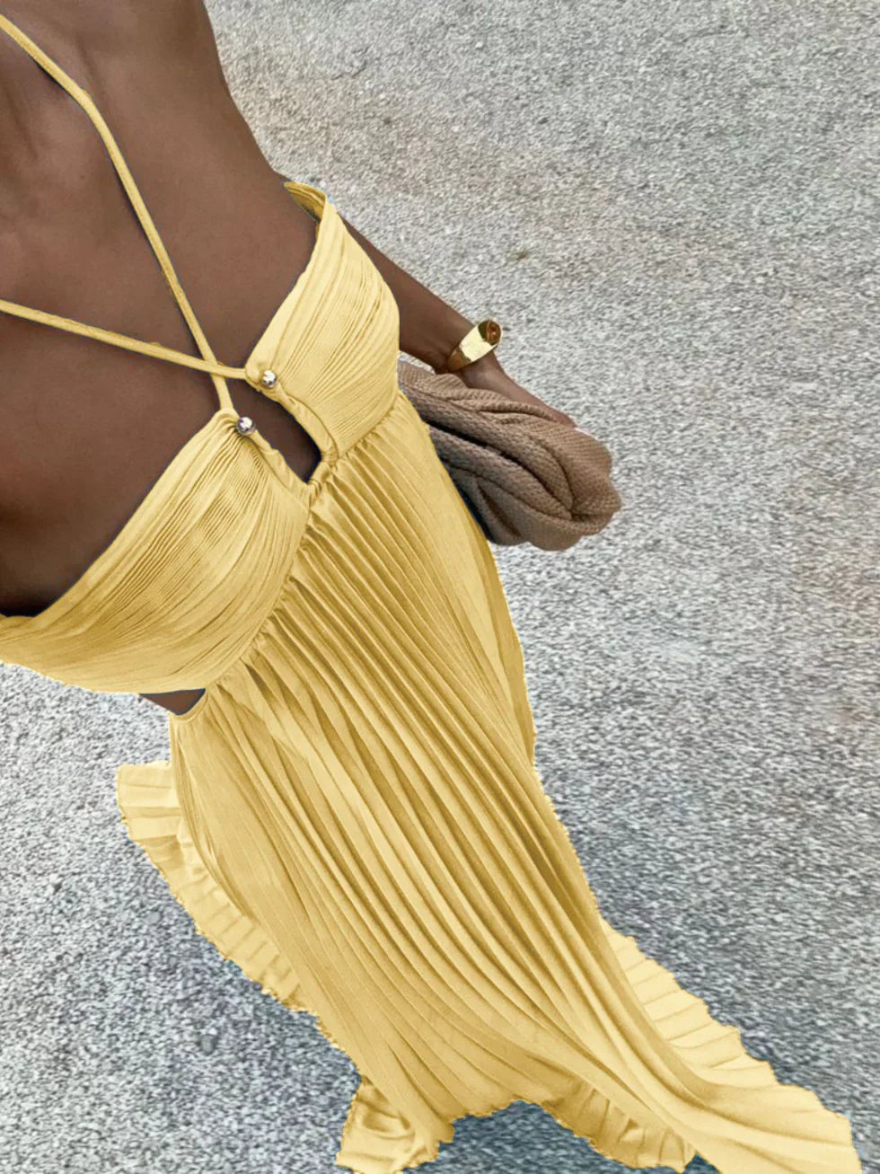 Patricia | Vestido largo plisado de mujer con cuello halter - Amarillo