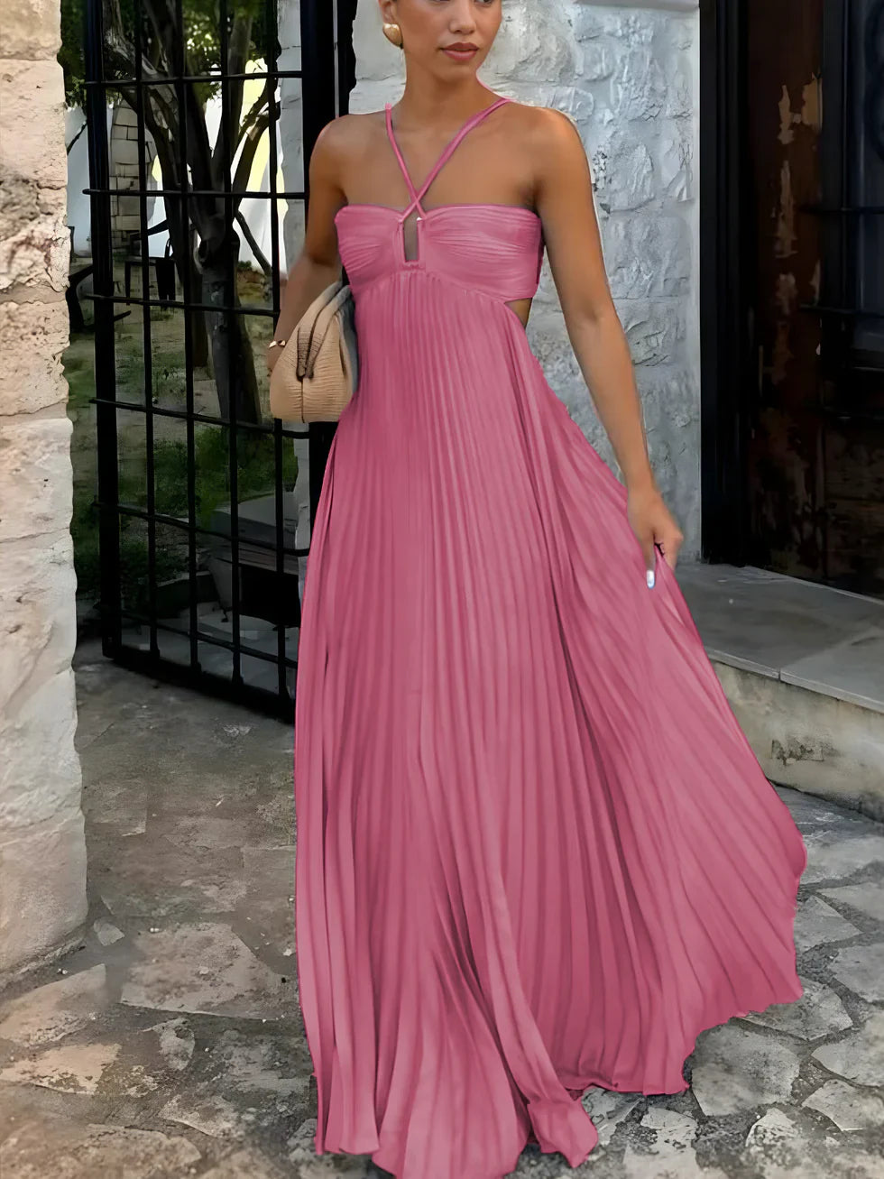 Patricia | Vestido largo plisado de mujer con cuello halter - Rosa
