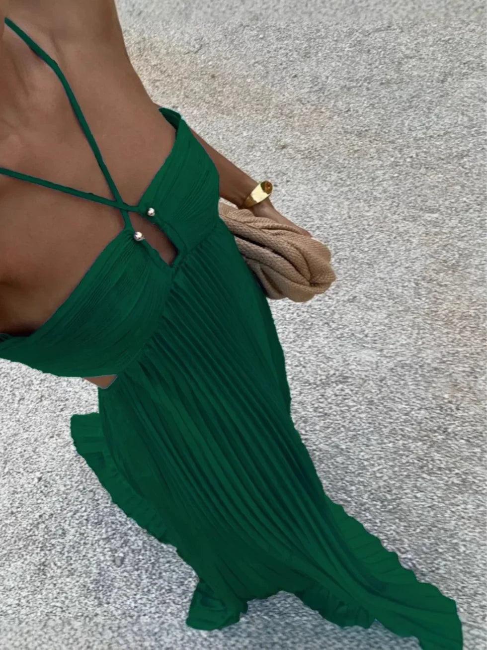Patricia | Vestido largo plisado de mujer con cuello halter - Verde