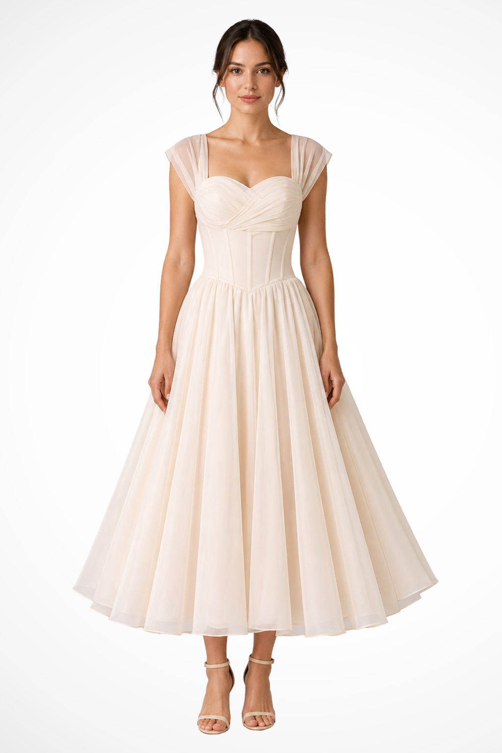 Paula | Vestido midi de tul para invitada de boda - Albaricoque