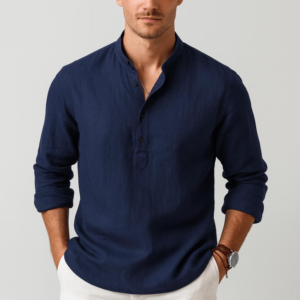Rubén | Camisa de lino de hombre con cuello mao - Azul oscuro