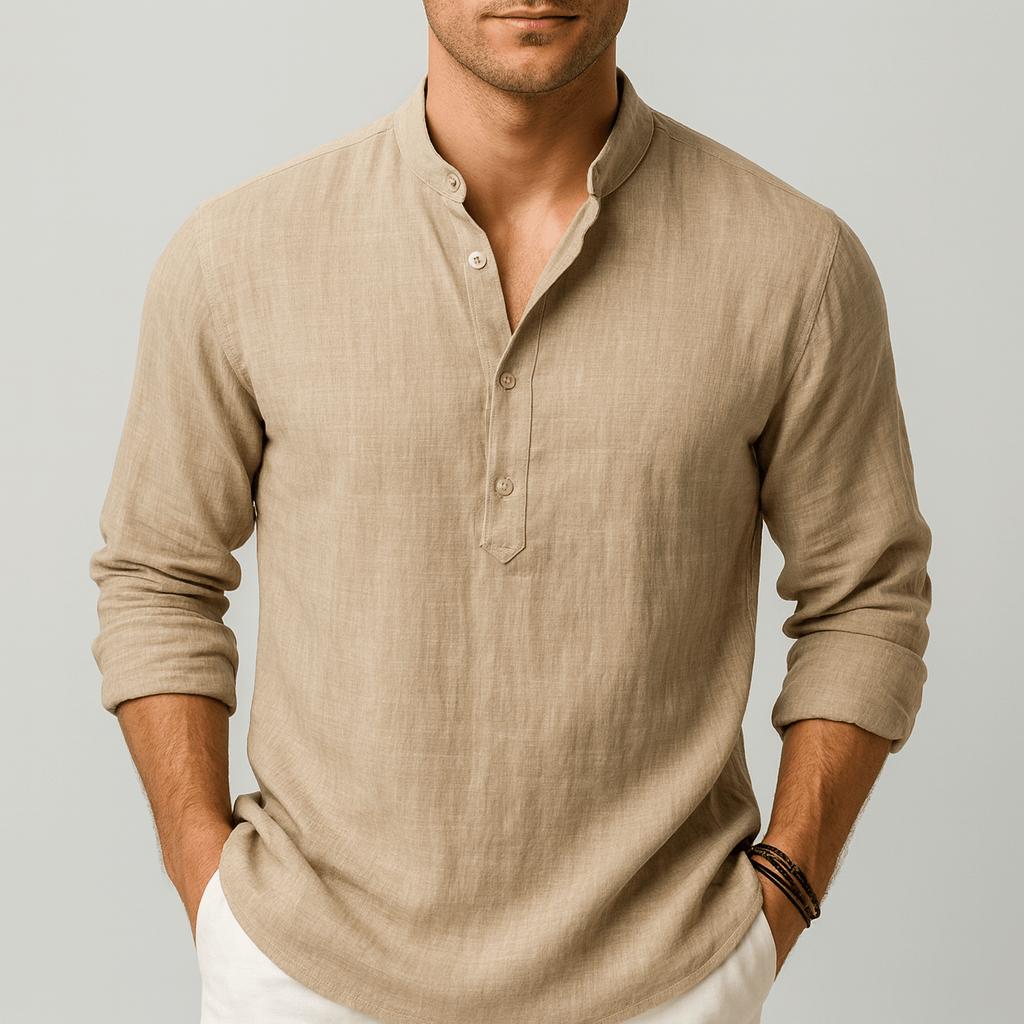 Rubén | Camisa de lino de hombre con cuello mao - Beige