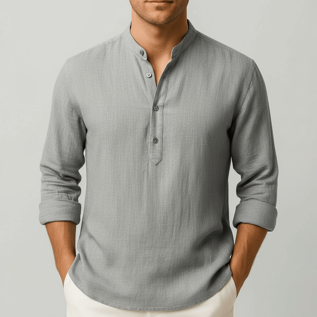 Rubén | Camisa de lino de hombre con cuello mao - Gris