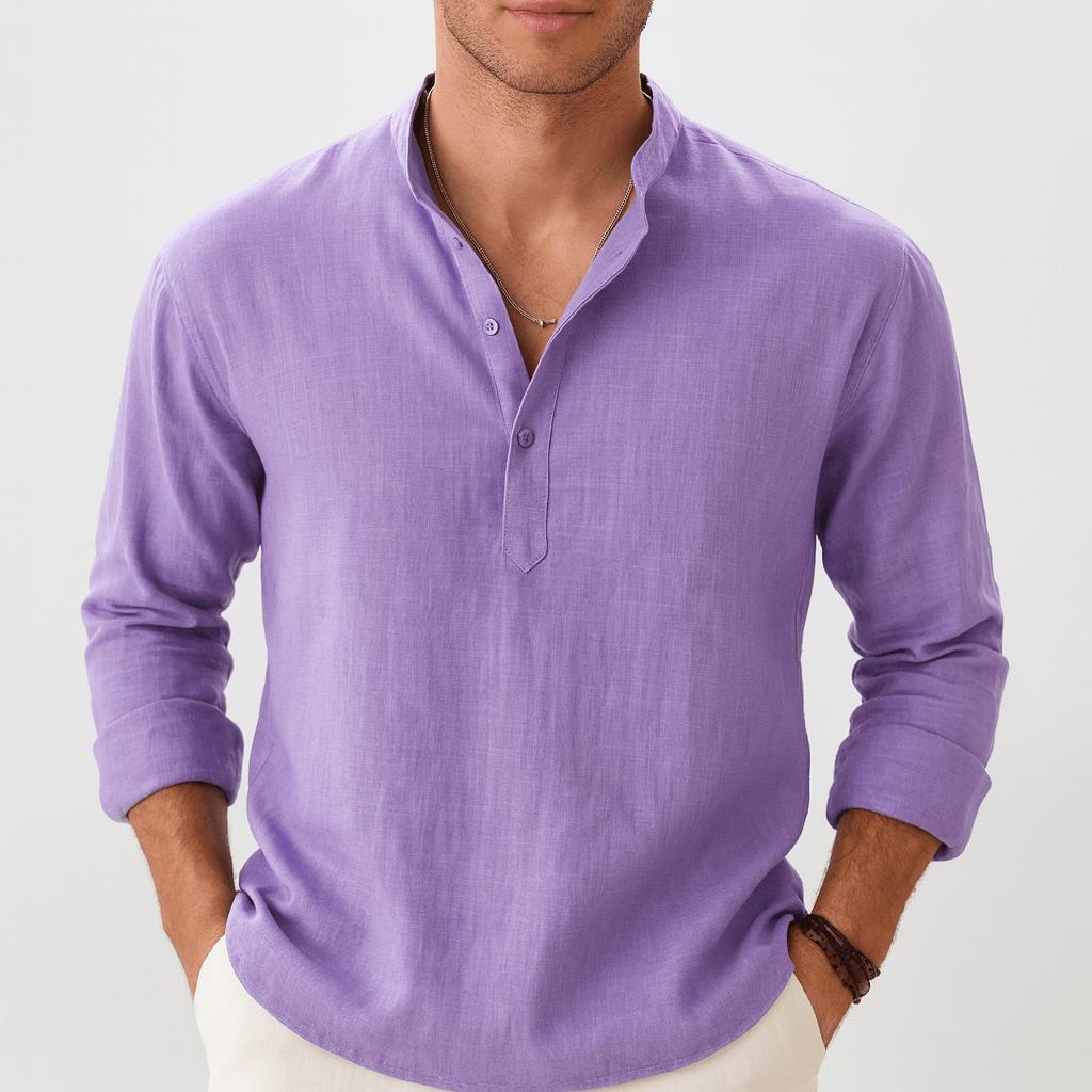 Rubén | Camisa de lino de hombre con cuello mao - Morado