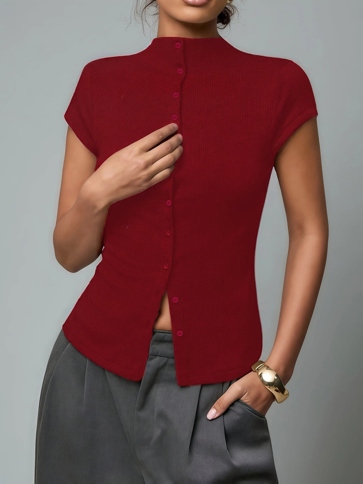 Soledad | Top de manga corta ajustado con botones - Rojo