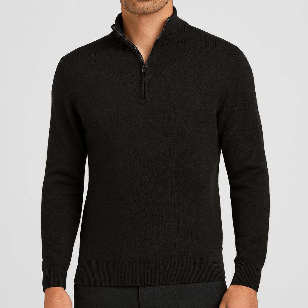 Xavier | Jersey de lana merino con media cremallera para hombre - Negro
